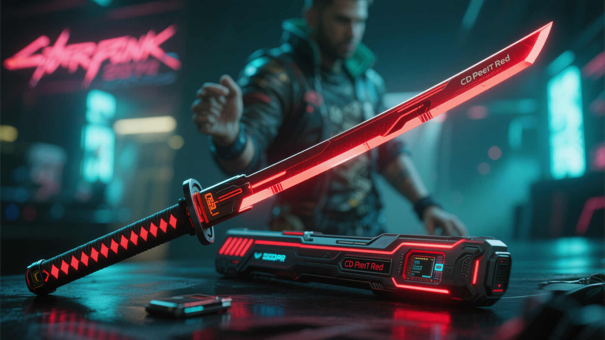 赛博朋克风武士刀亮相:红色LED灯效,音频芯片加持 赛博朋克风武士刀亮相:红色LED灯效,音频芯片加持